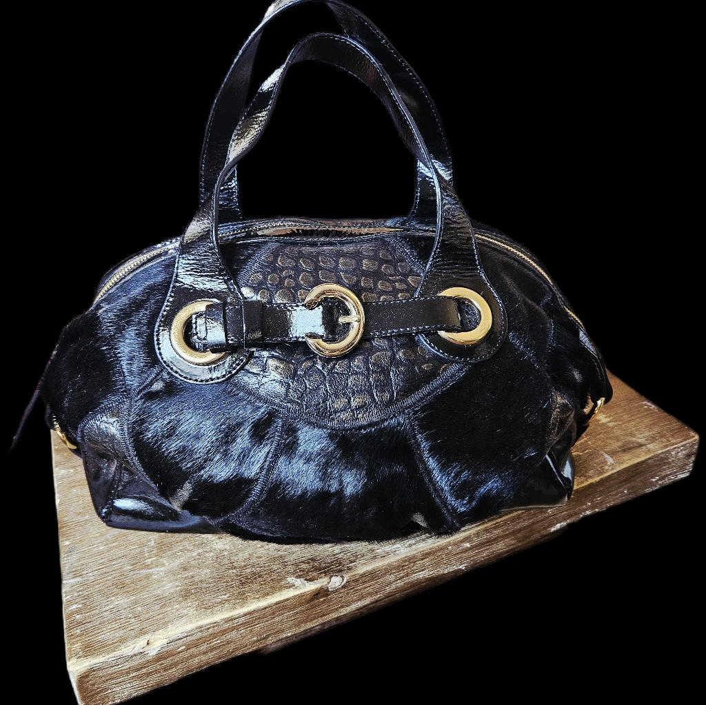 Vtg Y2k Francesco Biasia Calf Hair & Leather Satchel Handbag Black Italy